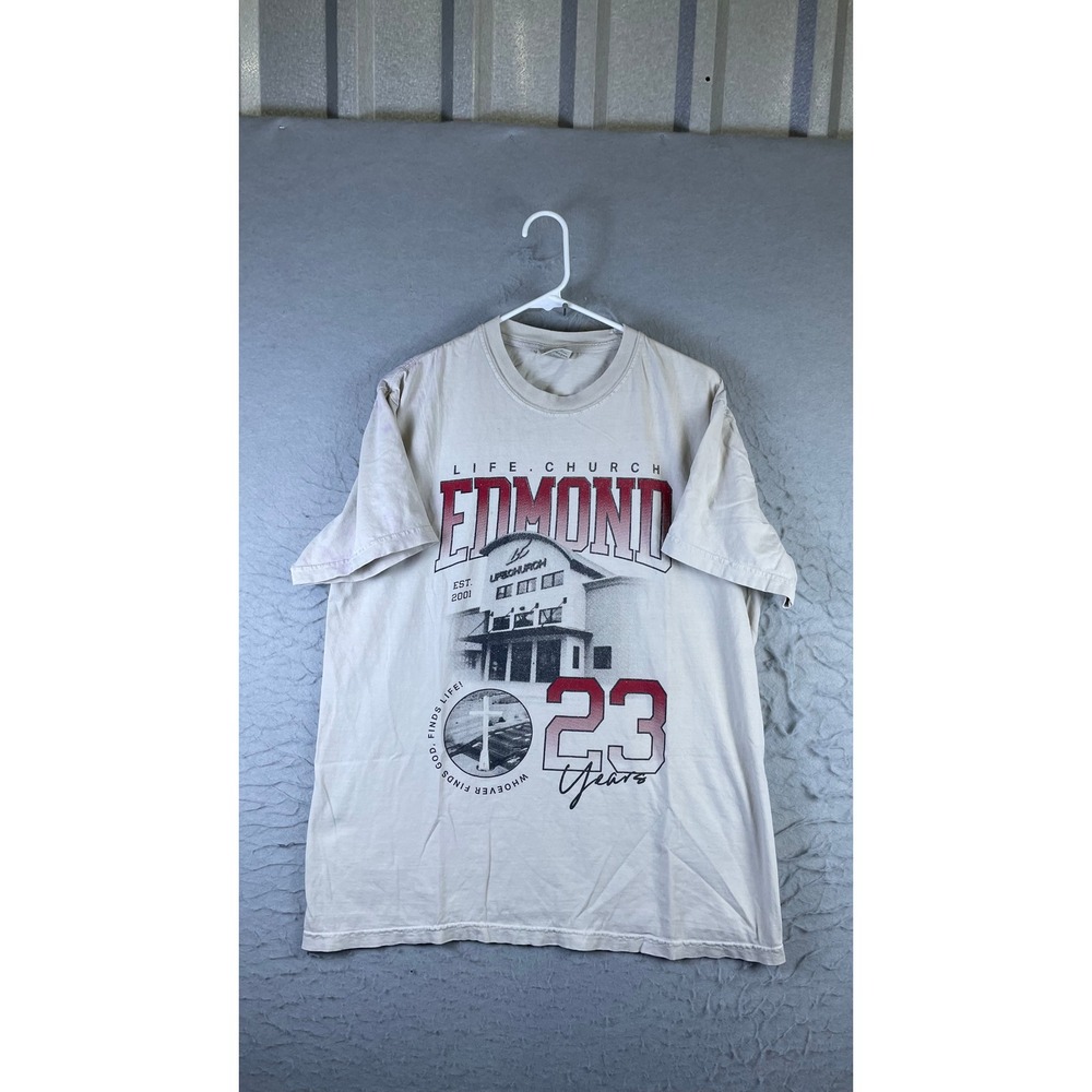 Comfort Colors T-Shirt Mens L Beige Good Life Church Edmond 23 Years Graphic Tee